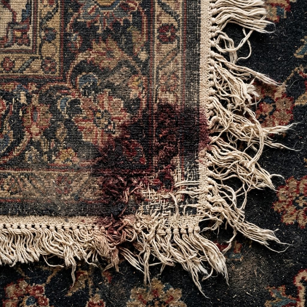 Alfombra persa dañada antes de la restauración
