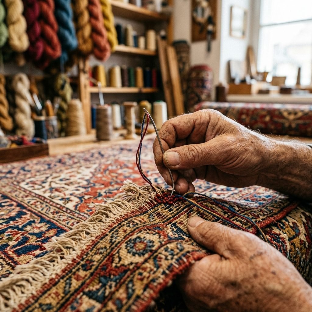 Artesano restaurando una alfombra persa